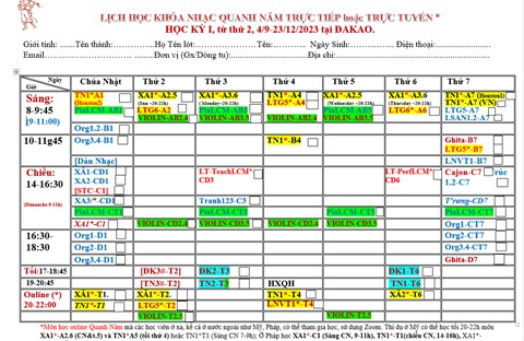 THÔNG BÁO về Khoá Nhạc Dài Hạn Quanh Năm 1(Học kỳ 1) từ thứ 2, 4/9-23/12 năm 2023  Trực tiếp và ONLINE*